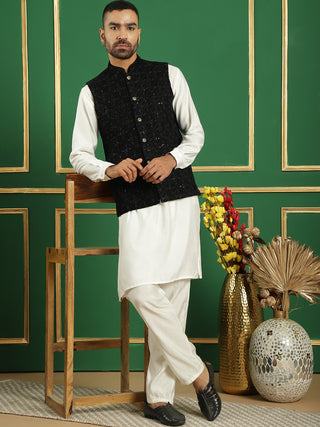 Men's Velvet Nehru Jacket With Solid Kurta Pyjama