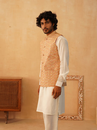 Embroidered Nehru Jacket With Solid Kurta Pyjama Set