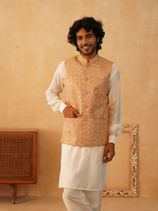 Embroidered Nehru Jacket With Solid Kurta Pyjama Set