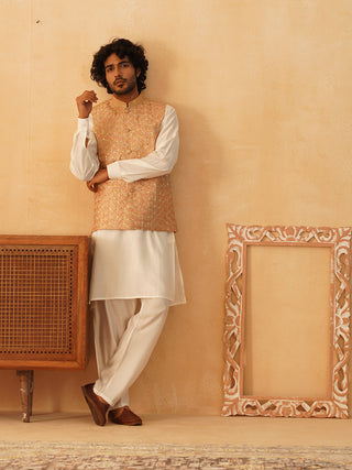 Embroidered Nehru Jacket With Solid Kurta Pyjama Set