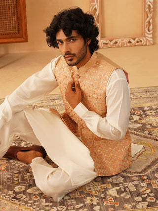 Embroidered Nehru Jacket With Solid Kurta Pyjama Set