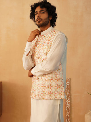 Embroidered Nehru Jacket With Solid Kurta Pyjama Set