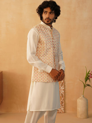 Embroidered Nehru Jacket With Solid Kurta Pyjama Set