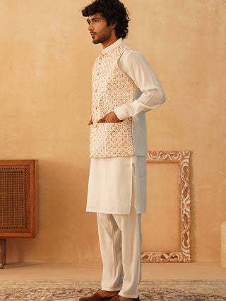 Embroidered Nehru Jacket With Solid Kurta Pyjama Set