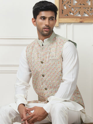 Embroidered Nehru Jacket With Solid Kurta Pyjama Set