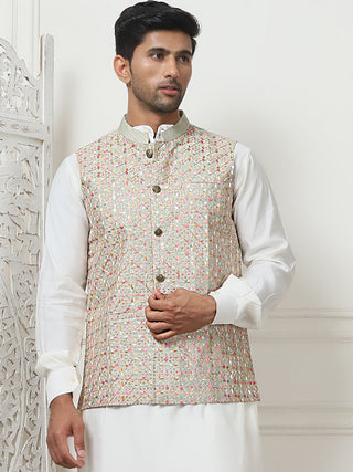 Embroidered With Sequin Silk Blend Nehru Jacket