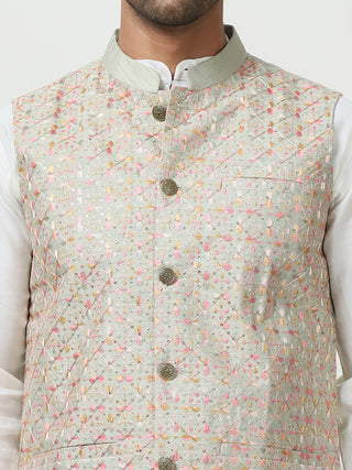 Embroidered Nehru Jacket With Solid Kurta Pyjama Set