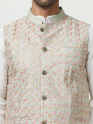 Embroidered With Sequin Silk Blend Nehru Jacket