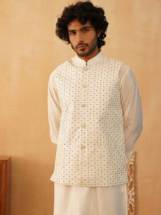 Embroidered Nehru Jacket With Solid Kurta Pyjama Set