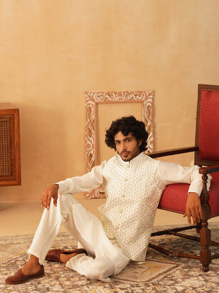 Embroidered Nehru Jacket With Solid Kurta Pyjama Set