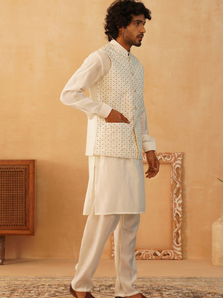 Embroidered Nehru Jacket With Solid Kurta Pyjama Set