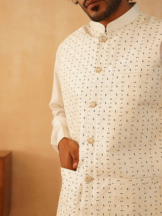 Embroidered Nehru Jacket With Solid Kurta Pyjama Set