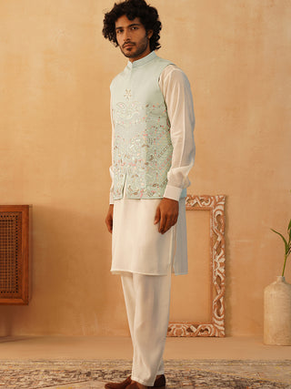 Embroidered Nehru Jacket With Solid Kurta Pyjama Set