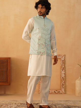 Embroidered Nehru Jacket With Solid Kurta Pyjama Set