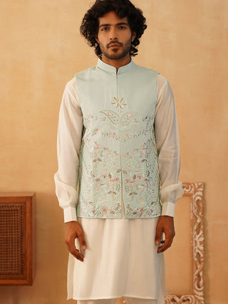 Embroidered Nehru Jacket With Solid Kurta Pyjama Set