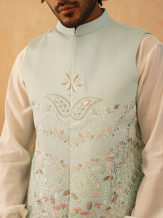 Embroidered Nehru Jacket With Solid Kurta Pyjama Set