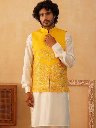 Embroidered Nehru Jacket With Solid Kurta Pyjama Set