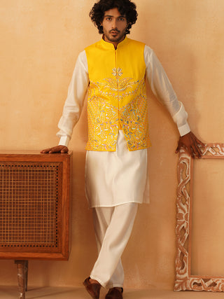 Embroidered Nehru Jacket With Solid Kurta Pyjama Set