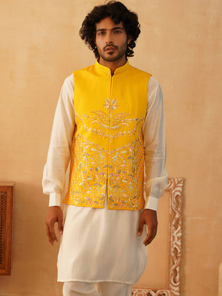 Embroidered Nehru Jacket With Solid Kurta Pyjama Set