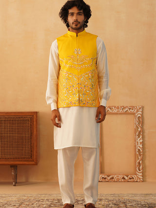 Embroidered Nehru Jacket With Solid Kurta Pyjama Set