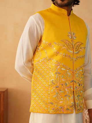 Embroidered Nehru Jacket With Solid Kurta Pyjama Set