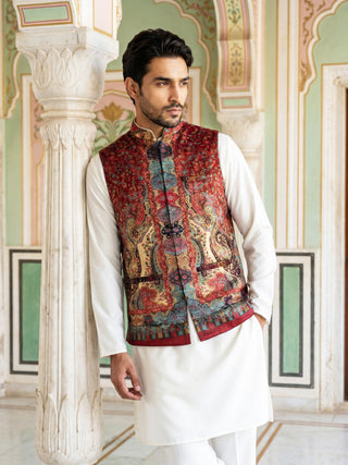 Paisley Printed Nehru Jacket With Solid Kurta Pyjama Set
