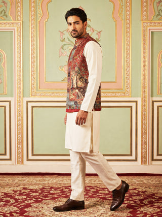 Paisley Printed Nehru Jacket With Solid Kurta Pyjama Set