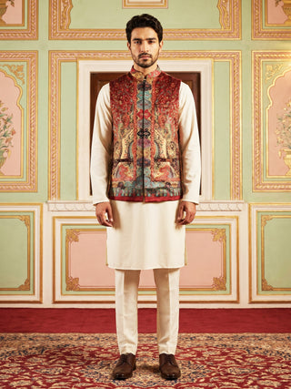 Paisley Printed Nehru Jacket With Solid Kurta Pyjama Set