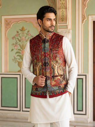 Paisley Printed Nehru Jacket With Solid Kurta Pyjama Set