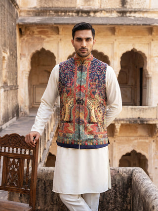 Paisley Printed Nehru Jacket With Solid Kurta Pyjama Set