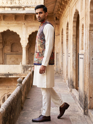 Paisley Printed Nehru Jacket With Solid Kurta Pyjama Set