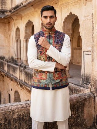 Paisley Printed Nehru Jacket With Solid Kurta Pyjama Set