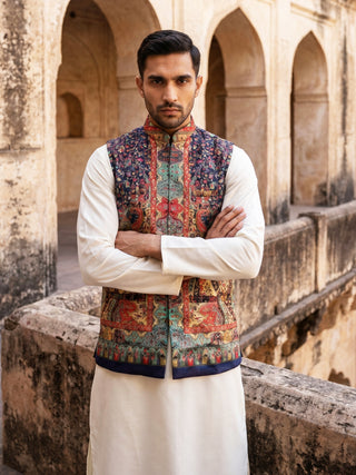 Paisley Printed Nehru Jacket With Solid Kurta Pyjama Set