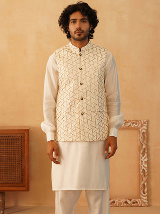 Embroidered Nehru Jacket With Solid Kurta Pyjama Set