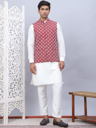 Embroidered Nehru Jacket With Solid Kurta Pyjama Set