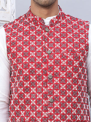 Embroidered Nehru Jacket With Solid Kurta Pyjama Set