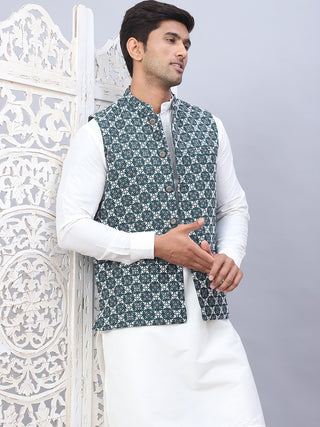 Embroidered Nehru Jacket With Solid Kurta Pyjama Set