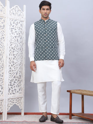 Embroidered Nehru Jacket With Solid Kurta Pyjama Set