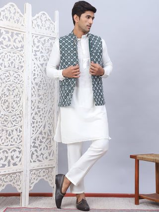 Embroidered Nehru Jacket With Solid Kurta Pyjama Set