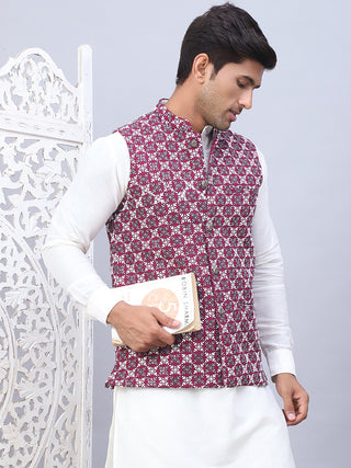 Embroidered Nehru Jacket With Solid Kurta Pyjama Set