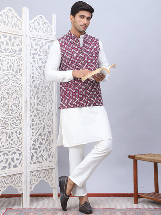 Embroidered Nehru Jacket With Solid Kurta Pyjama Set