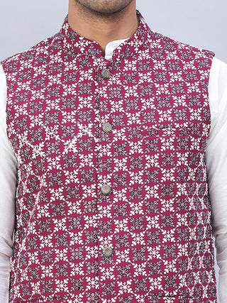 Embroidered Nehru Jacket With Solid Kurta Pyjama Set