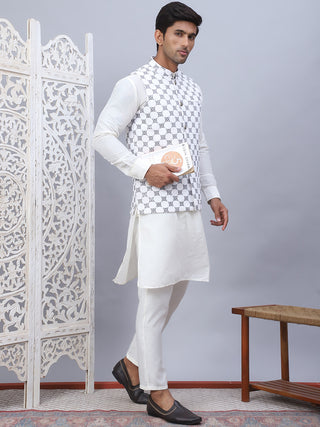 Embroidered Nehru Jacket With Solid Kurta Pyjama Set