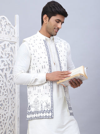 Embroidered Nehru Jacket With Solid Kurta Pyjama Set