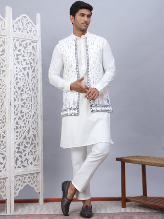 Embroidered Nehru Jacket With Solid Kurta Pyjama Set