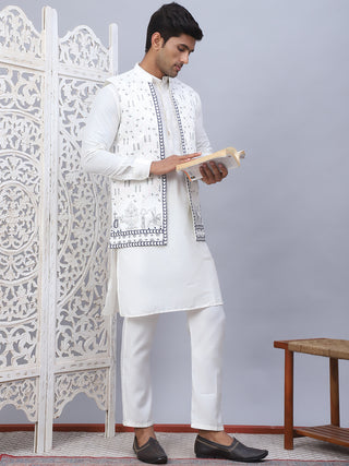 Embroidered Nehru Jacket With Solid Kurta Pyjama Set