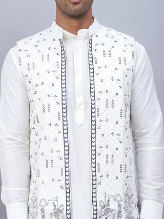 Embroidered Nehru Jacket With Solid Kurta Pyjama Set