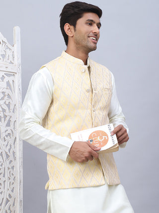 Embossed Nehru Jacket With Solid Kurta Pyjama Set