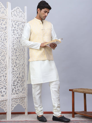 Embossed Nehru Jacket With Solid Kurta Pyjama Set