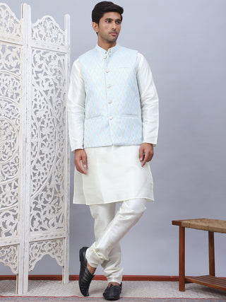 Embossed Nehru Jacket With Solid Kurta Pyjama Set